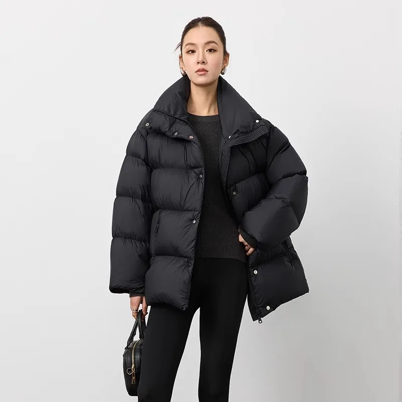 90White goose Down 2025 Winter New Minimalist Loose Thick Stand collar Bread Puff cloud Down Coat Female Warm Casual Overcoat