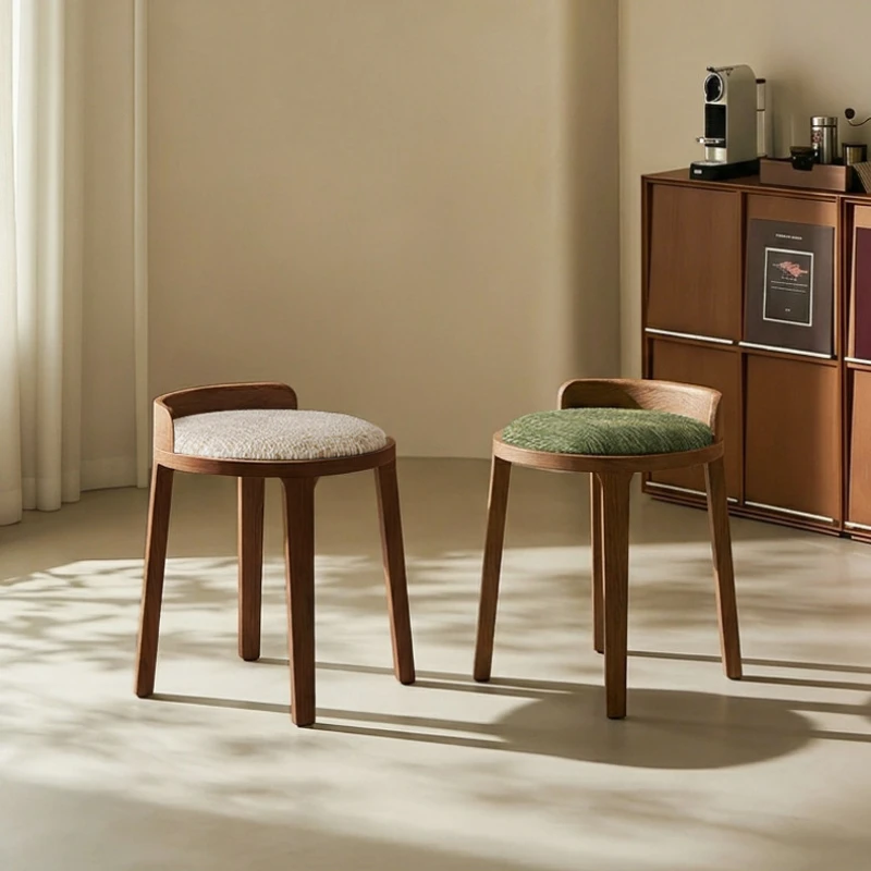 Solid Wood Dining Stool Minimalist Round Vanity Seat for Bedroom Retro Accent Chair for Living Room Space Saving Guest Stools