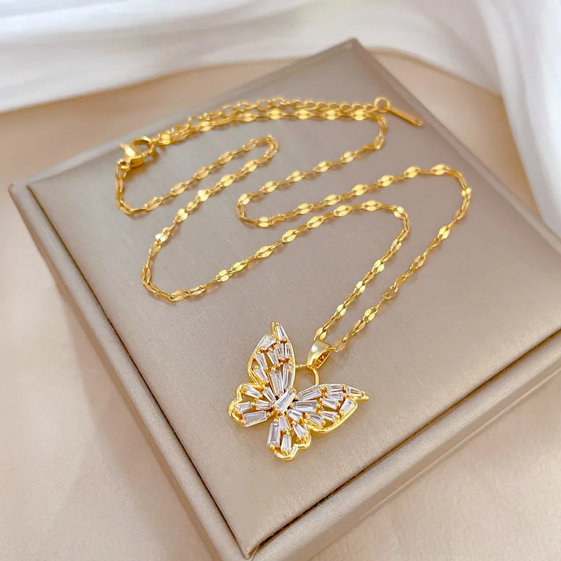 MEYRROYU 316L Stainless Steel Necklace Golden Butterfly Zircon Shiny Pendant Clavicle Accessories For Women Gifts Jewelry Bijoux