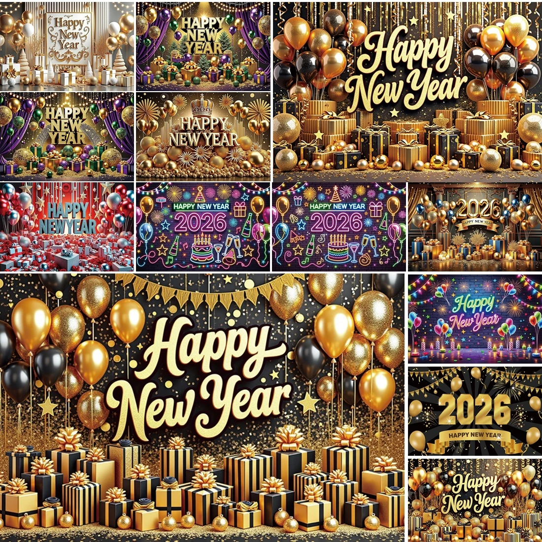 

MOON.QG Happy New Year Banner Photographic Background Balloon Golden Gifts Backdrop Party Decorations Props Poster Banner Wall