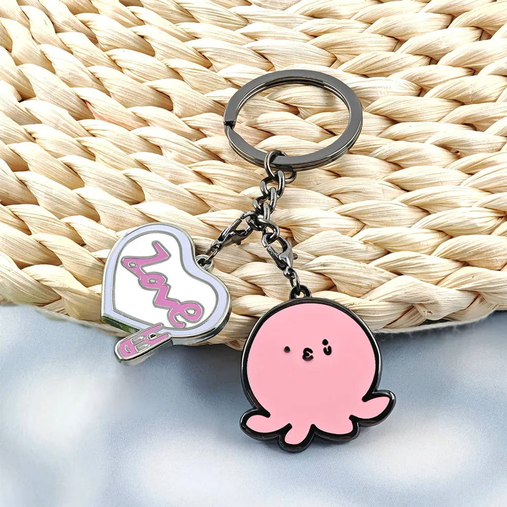 Niedlicher rosa Oktopus-Schlüsselanhänger, herzförmiger Liebesanhänger, Kawaii-Tier-Metall-Schlüsselring, Y2K-Rucksack-Charm, Schmuckgeschenk für die Freundin. – Detail 11