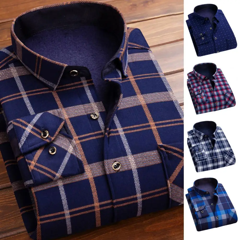 Men Fall Winter Shirt Color Matching Plaid Print Thick Plush Long Sleeve Lapel Single-breasted Cardigan Formal Business Style Mi