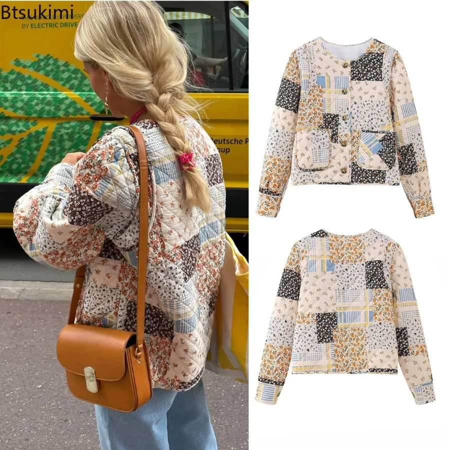 2024 Women's Printing Patchwork Cardigan Cotton Coats Autumn Winter Thicken Warm Short Jackets Female Oversized O-Neck Outerwear