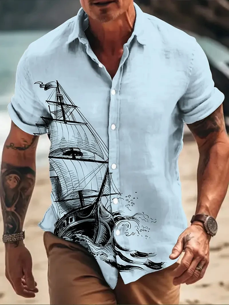 

Pirate Ship Graphic Beach Shirt Hawaiian Men's Button Down Shirts Clothing Holiday Short Sleeve Shirts Summer Button Shirt Top