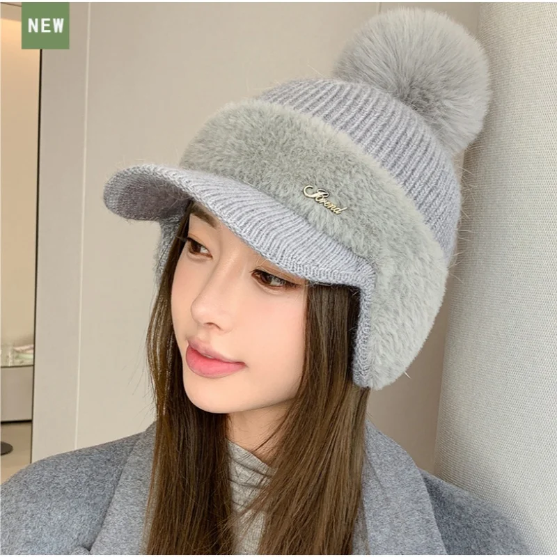 Patchwork Fleece-Lined Rabbit Ear Baseball Cap for Women Solid Color Minimalist Pom-Pom Knit Hat Soft and Warm