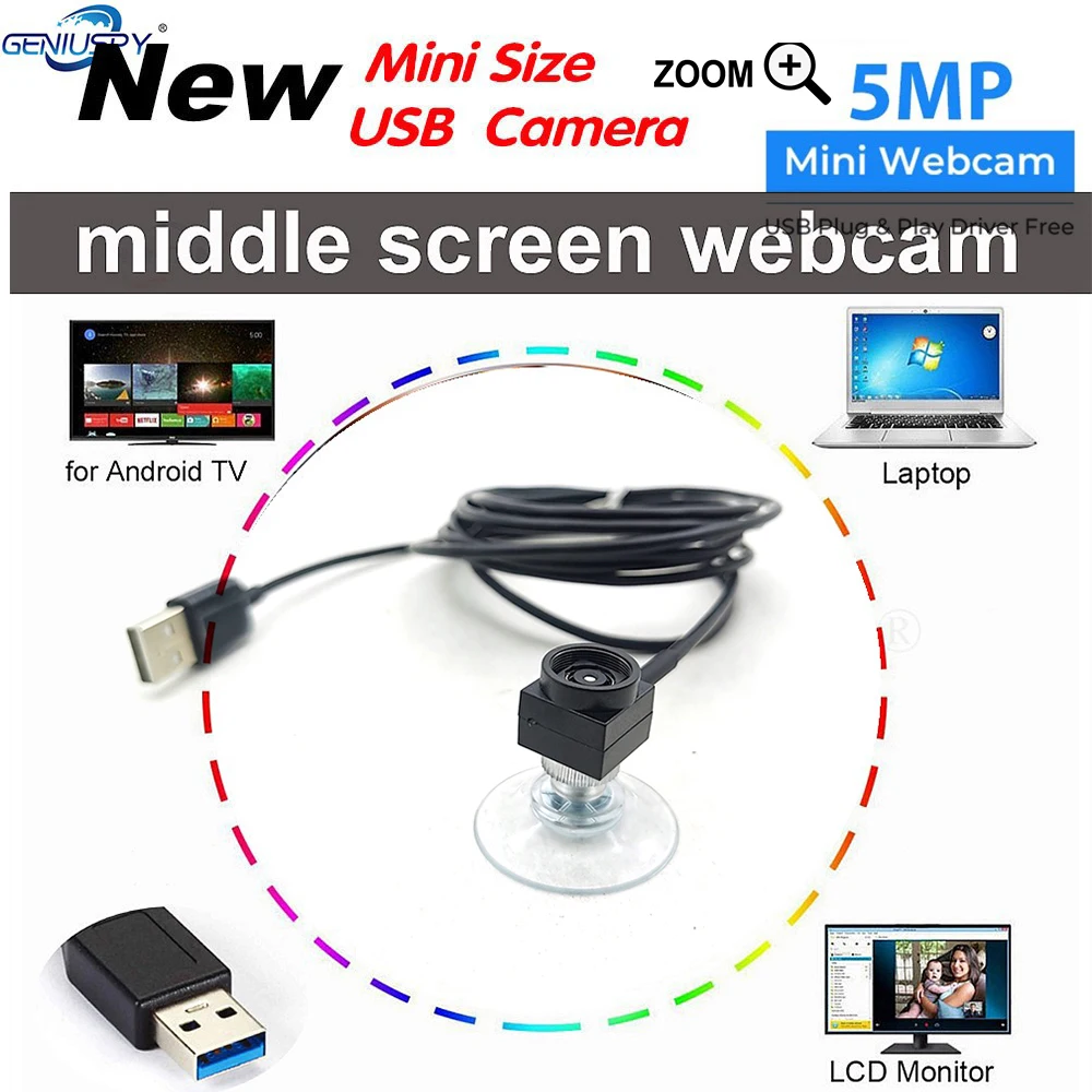 

Middle Screen Adjustable Webcam 5MP UHD 30FPS Auto Focus Low LUX Mini USB Cam Flipped Sucker 15x15mm Miniature USB Camera Audio