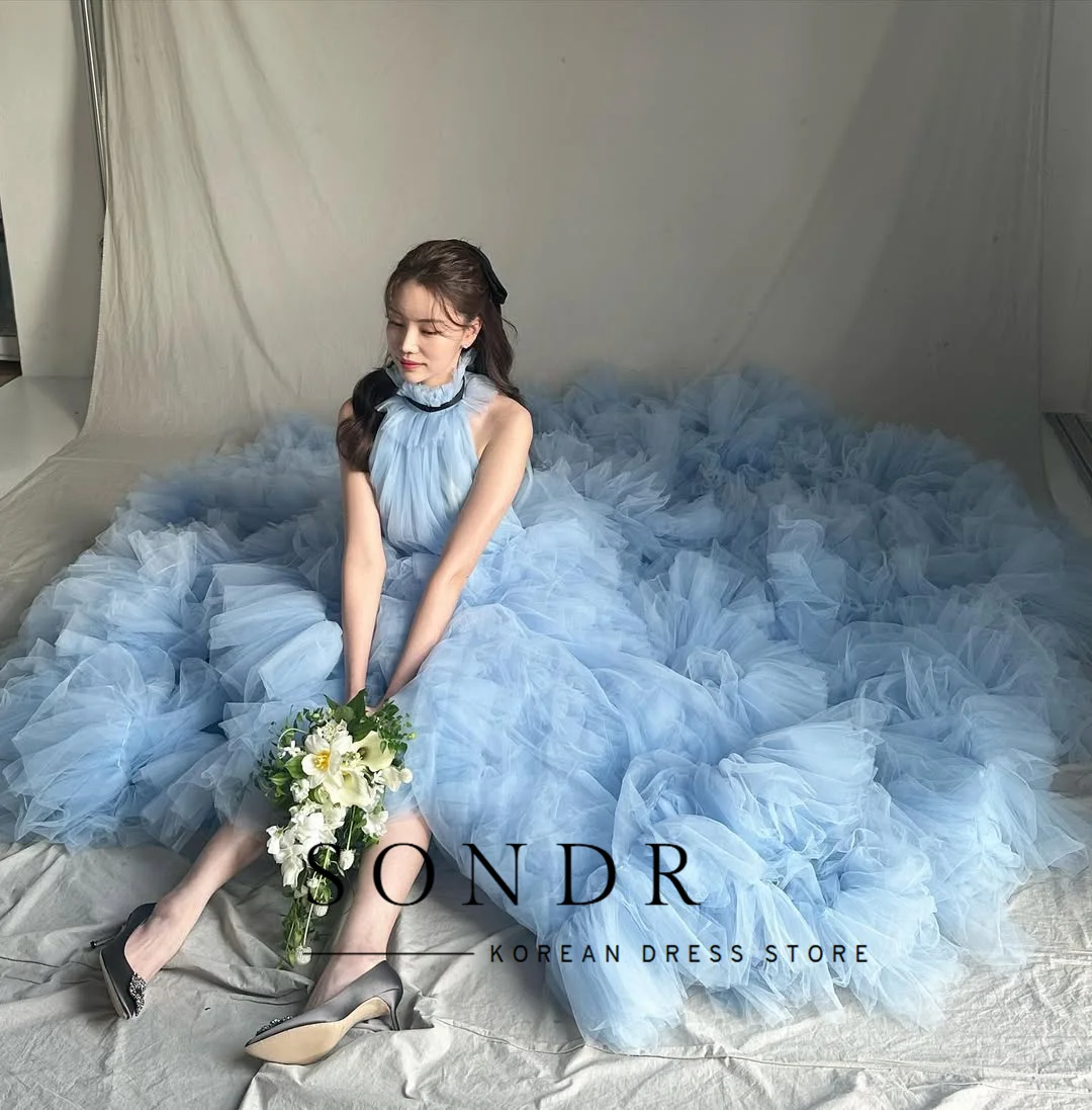 Sondr Himmelblaue O-Ausschnitt ärmellose koreanische Brautkleider, abgestufter weicher Tüll, japanische Hochzeits-Party-Kleider, individuelles Abendkleid