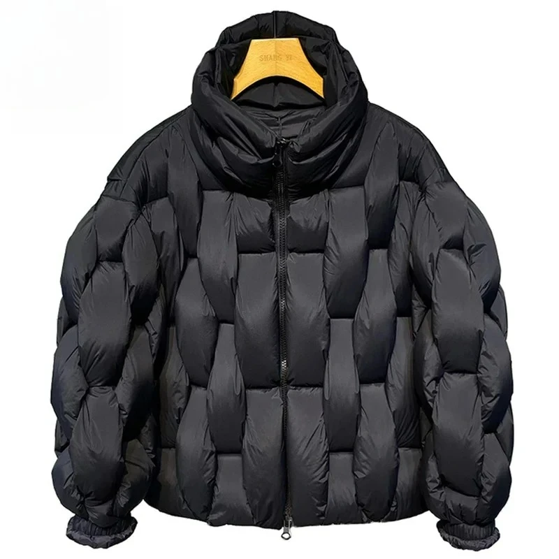 

Winter Man Black Loose Puffer Bubble Jacket Parkas Padded Jacket Men Fashion Luxury Designer Square Weave High Collar Warm Coat