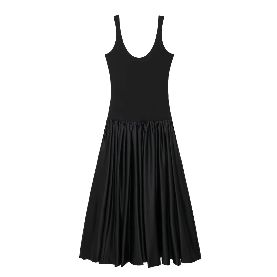 TRAFZA Vintage High Quality Black Patchwork Party Dress Women V Neck Ruffles Cami Chic Dress Fashion 2024 Evening Club Dress