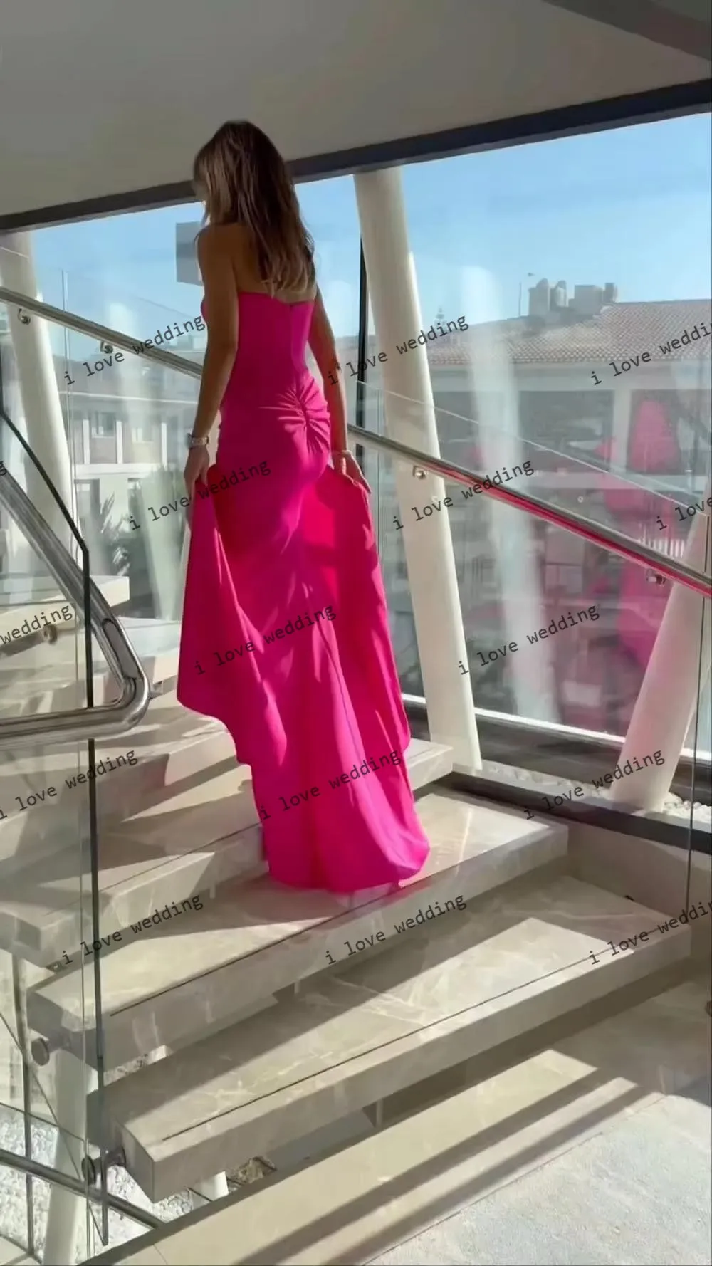 

Prom Dresses Hot Pink Wedding Party Dress For Woman Satin Strapless Criss-Cross Sweep Train Open Back Evening Dresses Customized