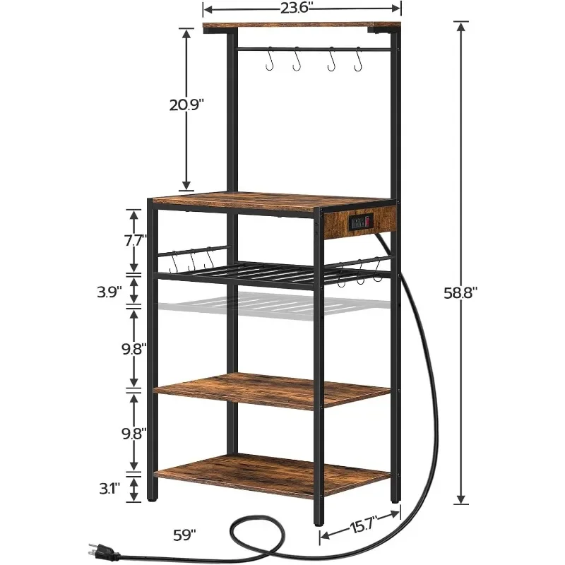 Küchenbäckerregal mit Steckdose, 5-stufiger Kaffeebar mit verstellbarem Weinregal, mit 10 S-förmigen Haken, rustikales Braun