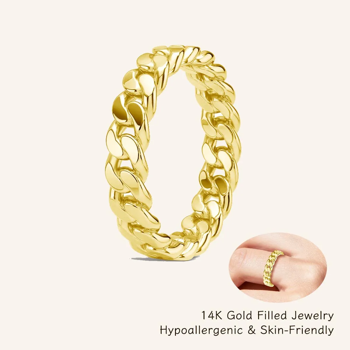 

Simple 14K Gold Filled Cuban Chain Ring 4.2mm Geometric Hiphop Stackable Band Hypoallergenic Jewelry for Men Women Unisex Gift