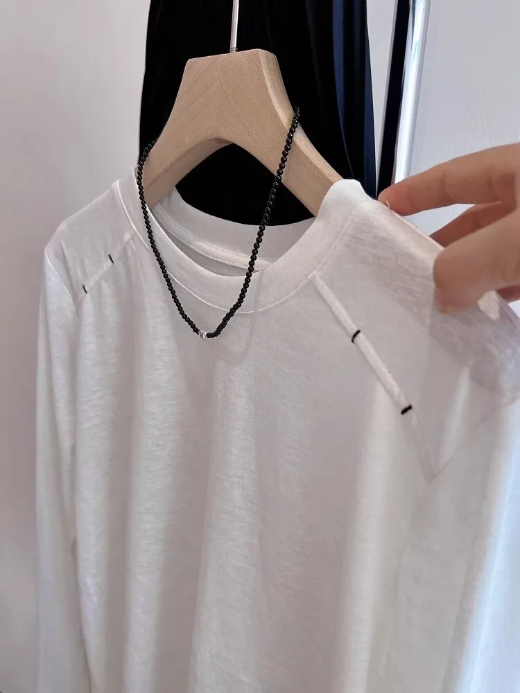 

Женская хлопковая футболка больших размеров с вышивкой снежинок на плечах, длинный рукав, весна-лето, базовая модель для полных женщин