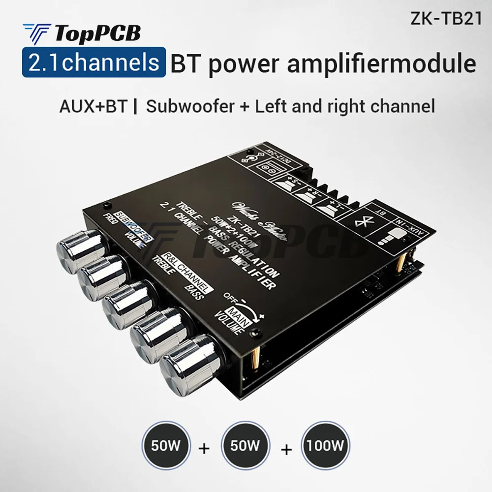 50W+50W+100W 2.1 Channel TPA3116D2 AUX Bluetooth Audio Power Amplifier Board Treble Bass Frequency Volume Control for Speaker