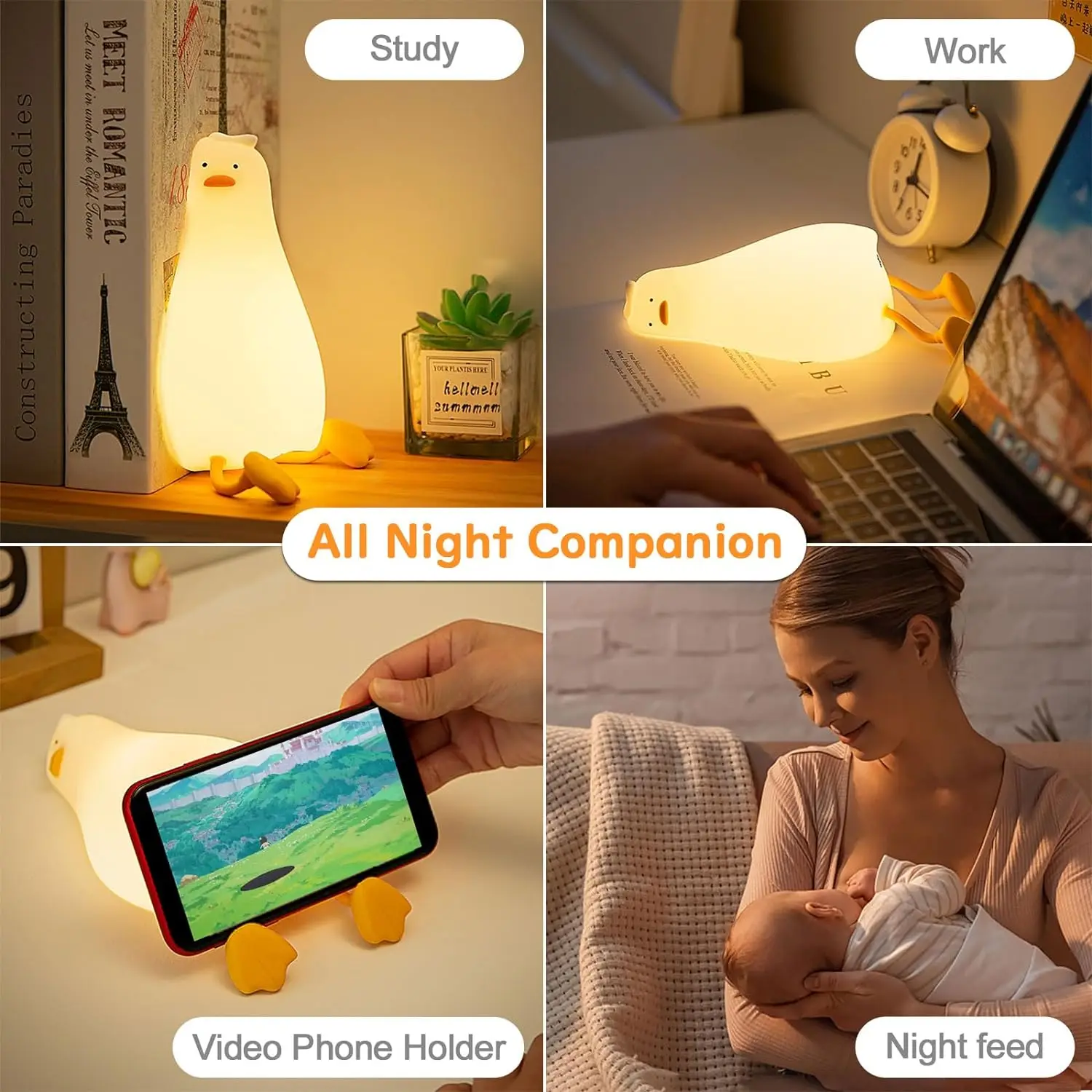 LED Night Lights Cute Duck Silicone Lamp USB Rechargeable Timing Bedside Decor Kids Baby Nightlight Birthday Gift