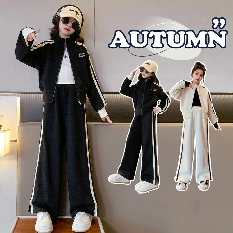 

Children Girl 2pcs Tracksuit Autumn Striped Long Sleeve Kid Girl Outfit Zipper Round Neck Coat+Elastic Waist Pant 4-14Y Girl Set