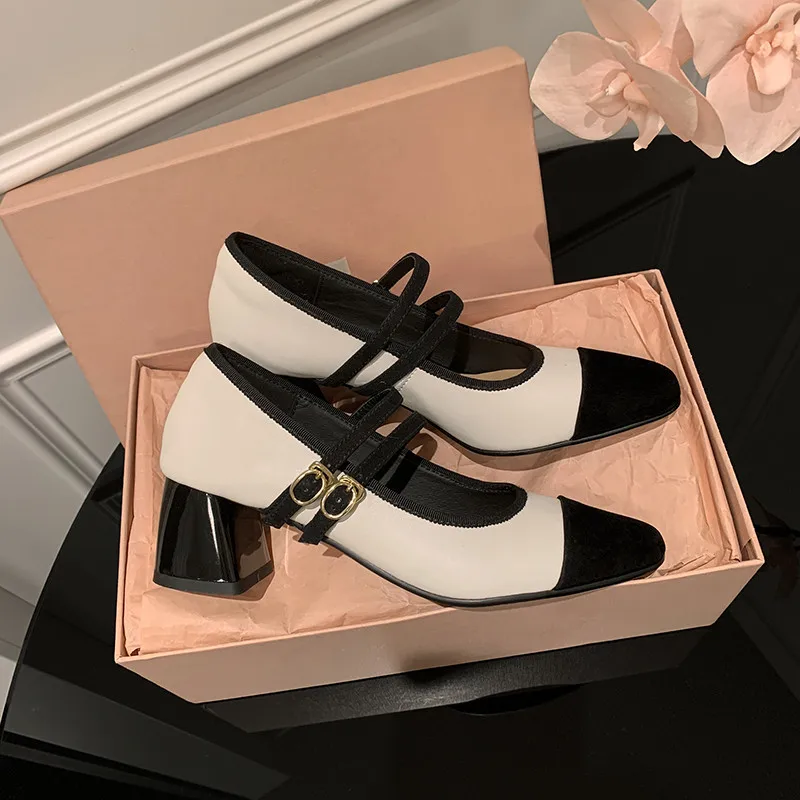 MKKHOU New Original French Vintage Color Block Round Toe Thick Heel Small Fragrant Shallow Mouth Mary Jane Shoes