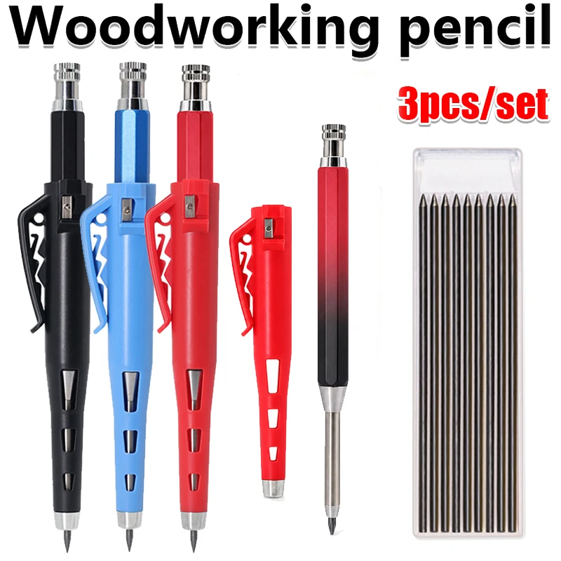 3Pcs/Set 2.8mm Woodworking Carpenter Mechanical Pencil Set with Built-in Sharpener, for Construction Engineering Wood Marking