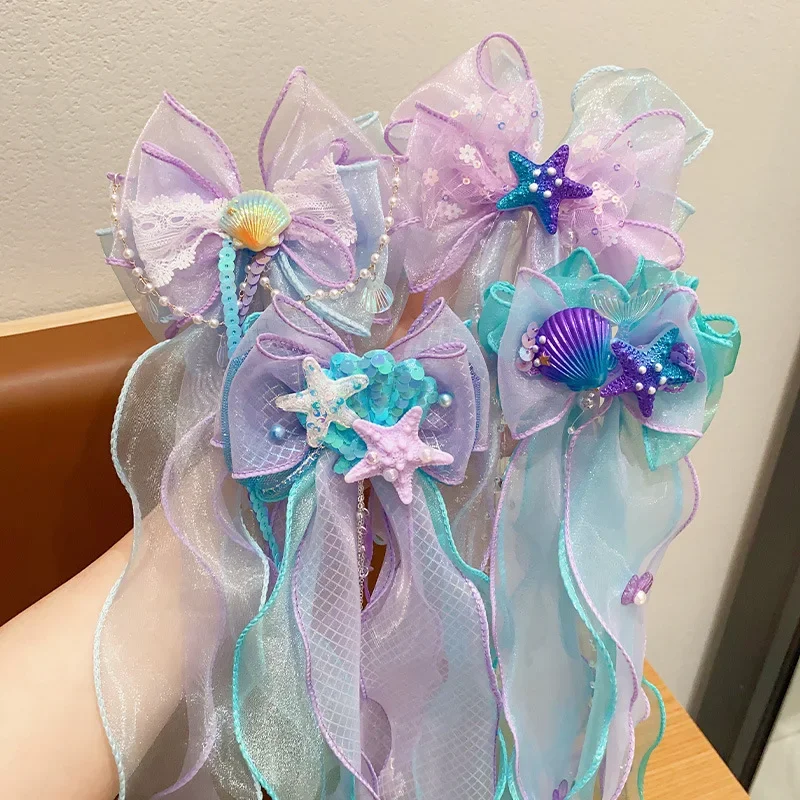 

Mermaid Tail Hair Clips Children's Bow Ribbon Hairpin Pearl Chain Clip Cute Girl Sweet Hair Accessories