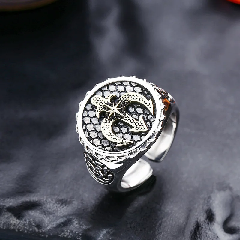 Wholesale 925 sterling silver ring men's anchor ring live mouth thai silver retro distressed personalized trendyy jewelry