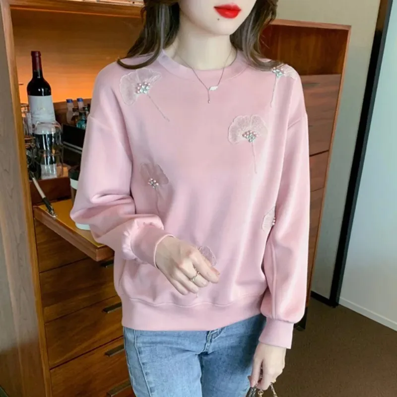 

Women's Pink Sweatshirt with Ginkgo Leaf Embroidery Bead Detail Loose Casual Long Sleeve Round Neck Daily Top