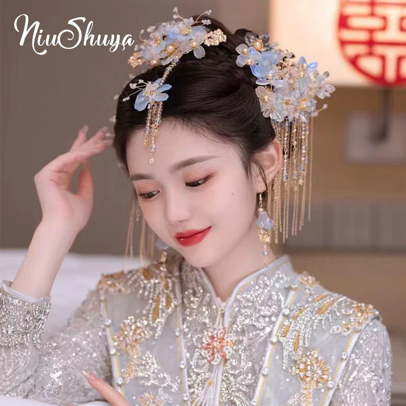 NiuShuya Chinese Hair Stick Hanfu Headdress Girl Bridal Blue Flower Retro Wedding Hair Accessories