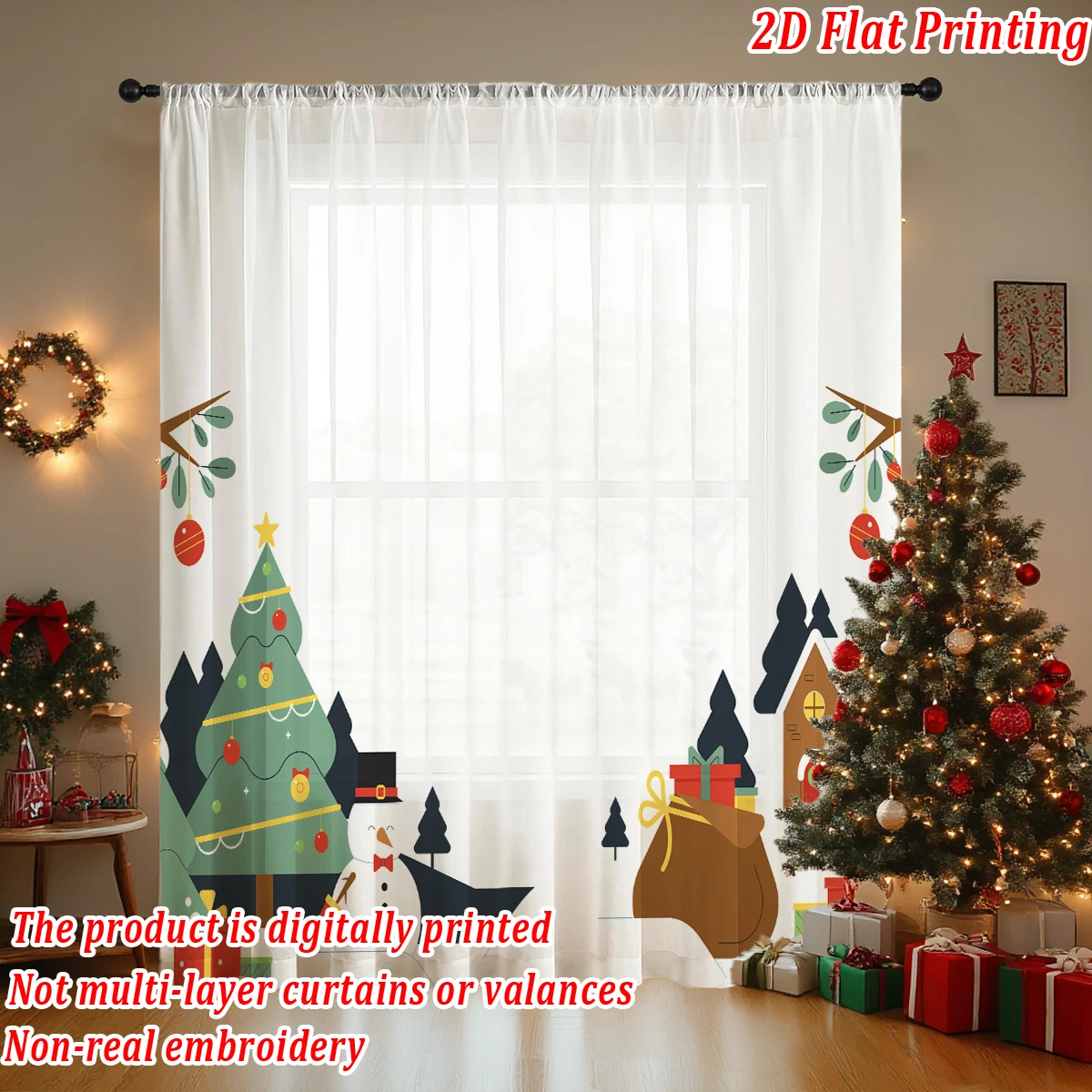Christmas Flat Printing Sheer Curtain with Christmas Trees House Snowman Gift Box for Living Room Bedroom Decor Holiday Party