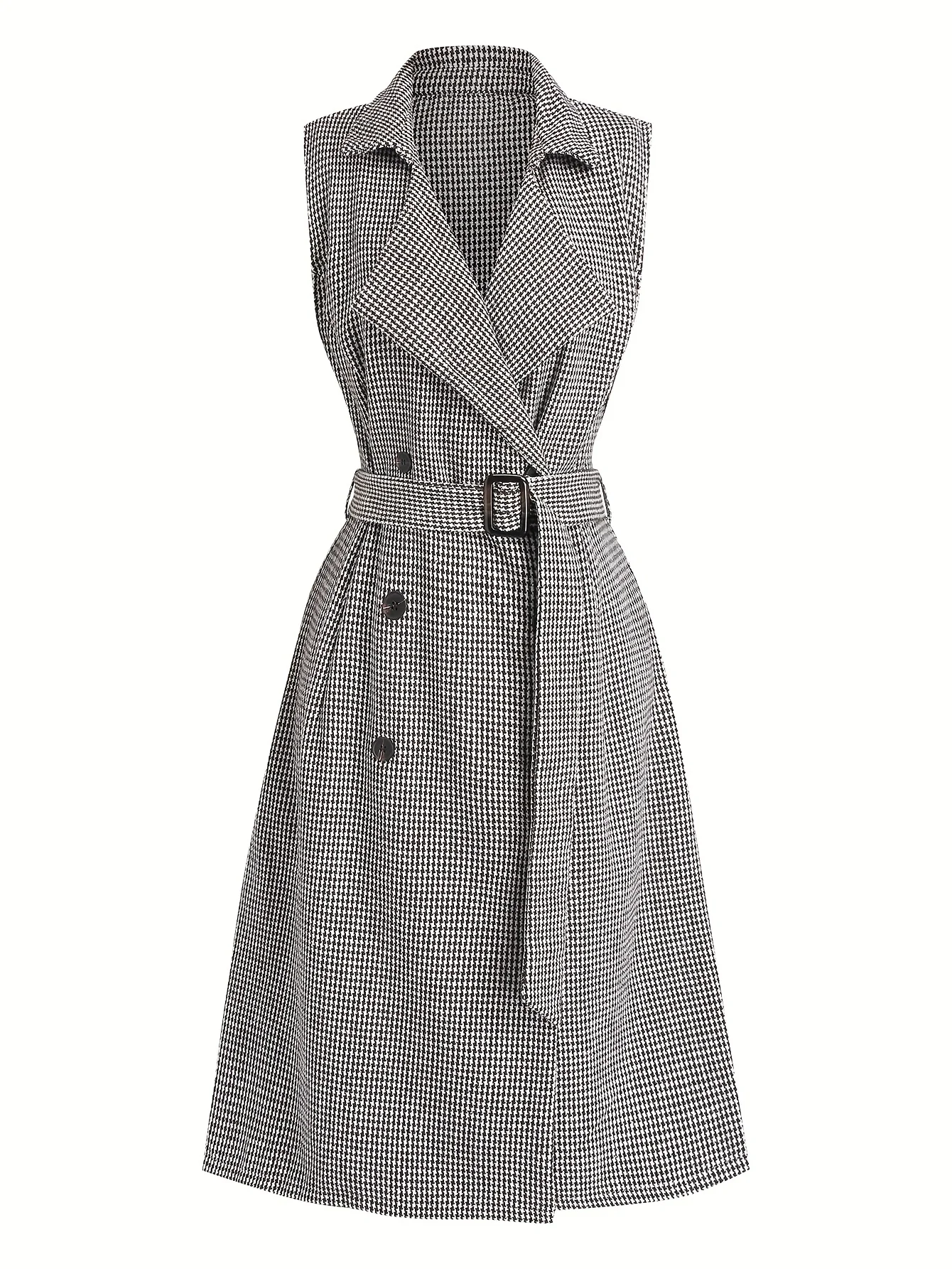 A large-sized ladies' retro checkered, simple and casual commuter women's long sleeveless trench coat with a retro style