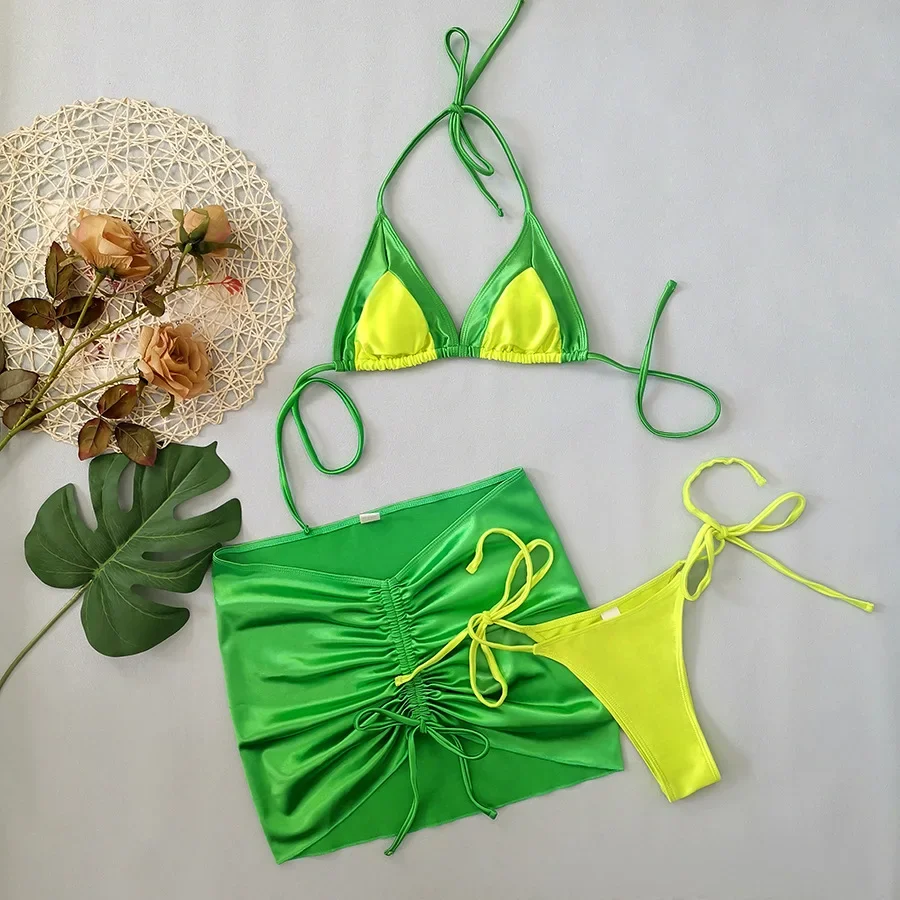 

Sexy Satin Yellow Green Patchwork Bikinis Sets 3pcs with Drawstring Pleat Mini Skirt Swimsuit Bathing Suit Beach Outfits Biquini