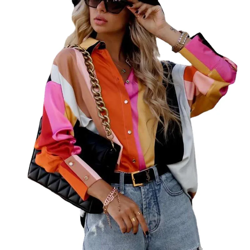 Summer printed women shirt loose casual fashion office lapel lantern sleeve long sleeved single breasted shirt women's top 2023