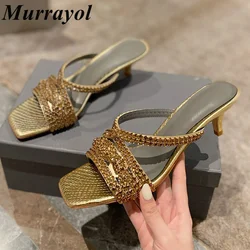 Glitter Rhinestone Decor Thin Heels Slippers Women Square Toe Open Toe High Heels Sandals Summer Dress Shoes Wedding shoes