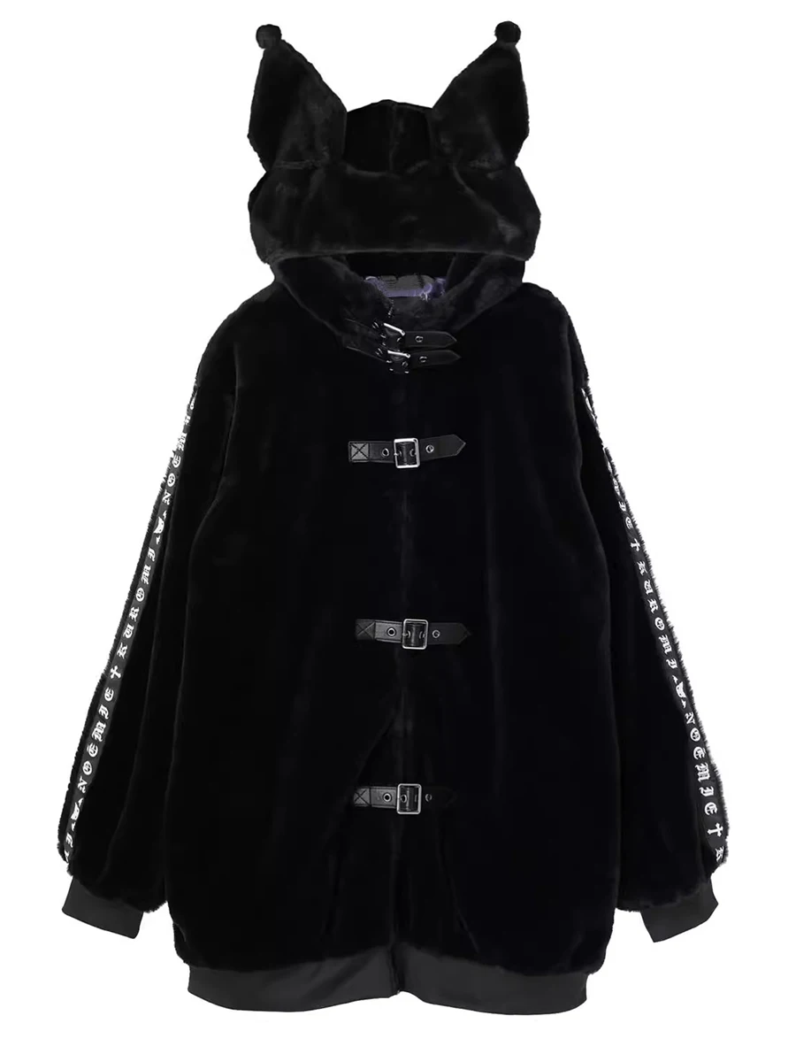 

Lautaro Осень Зима Увеличенный Сладкий Милый Мягкий Черный Искусственный Мех Пальто Для Женщин с Заячьими Ушами и Молнией с Длинным Рукавом Кавайное Свободное Пуховик Худи Уличная Одежда шуба искусственный мех 2025