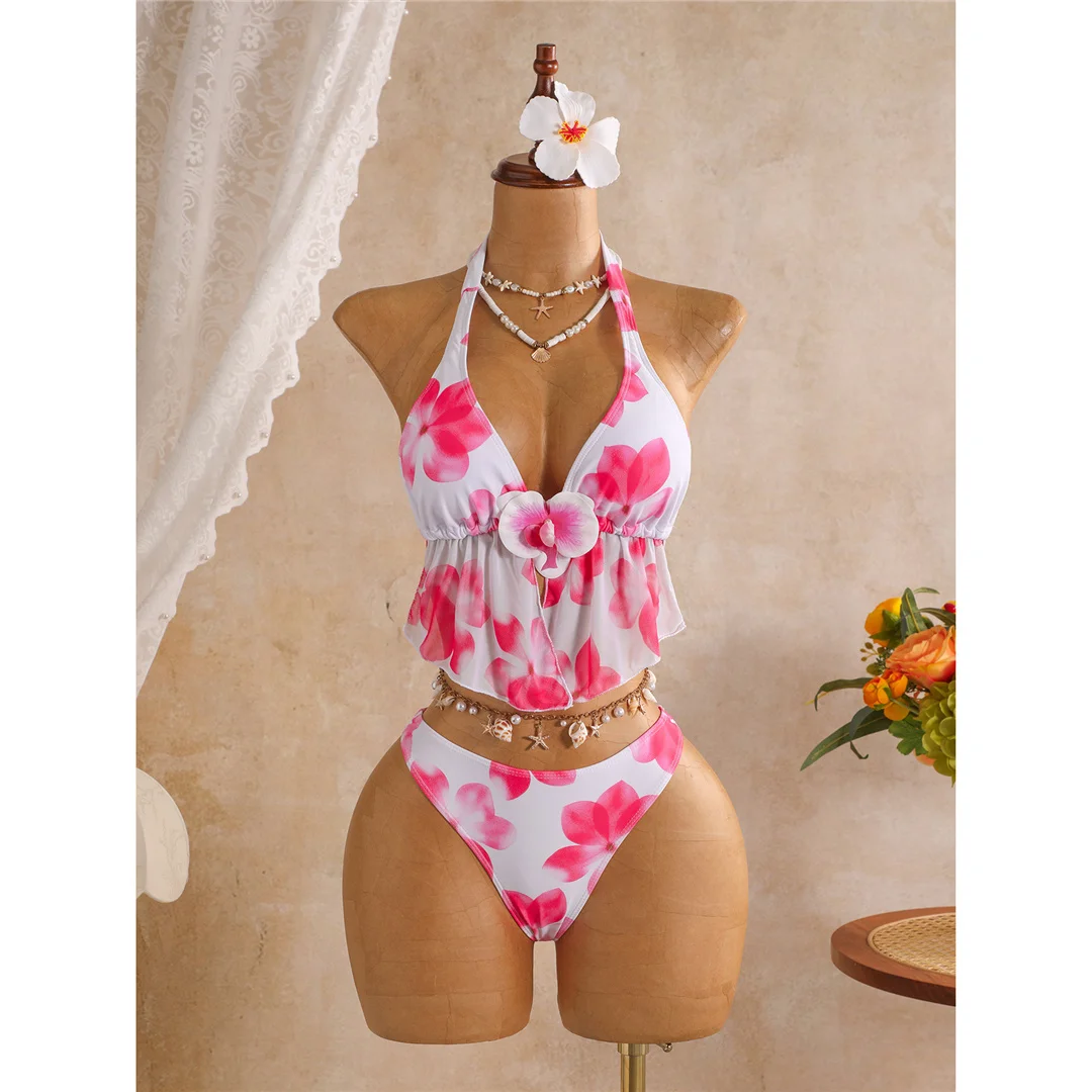 3D-Blumenmuster mit Rock, Neckholder-Bikini, Damen-Badeanzug, dreiteiliges Bikini-Set, Badebekleidung, Badeanzug, Schwimmbekleidung V8422 – Detail 9