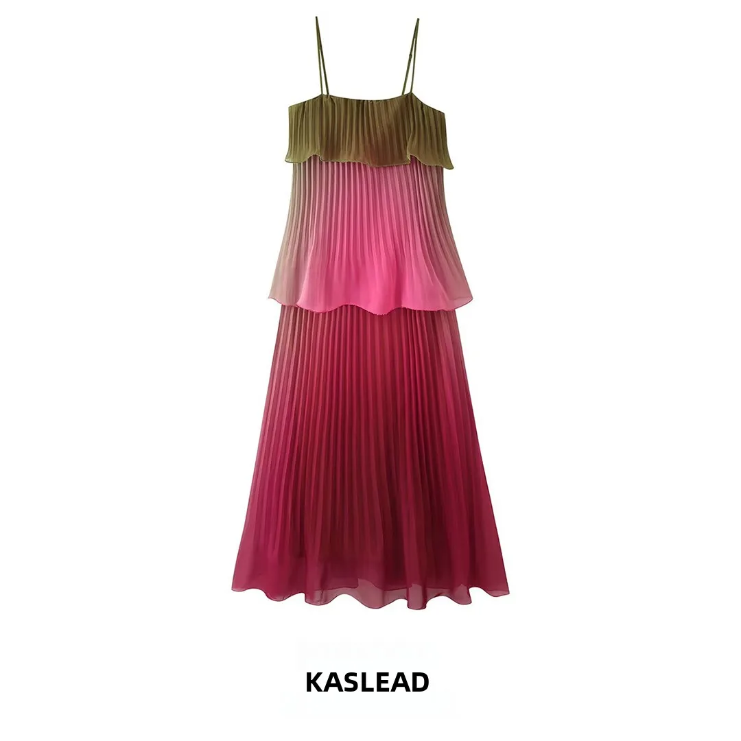 KASLEAD New Women's Fashion Slim Gradual Pressure Pleat Layered Strap Dress Stylish City Commute A-Line Skirt Polyester Fiber