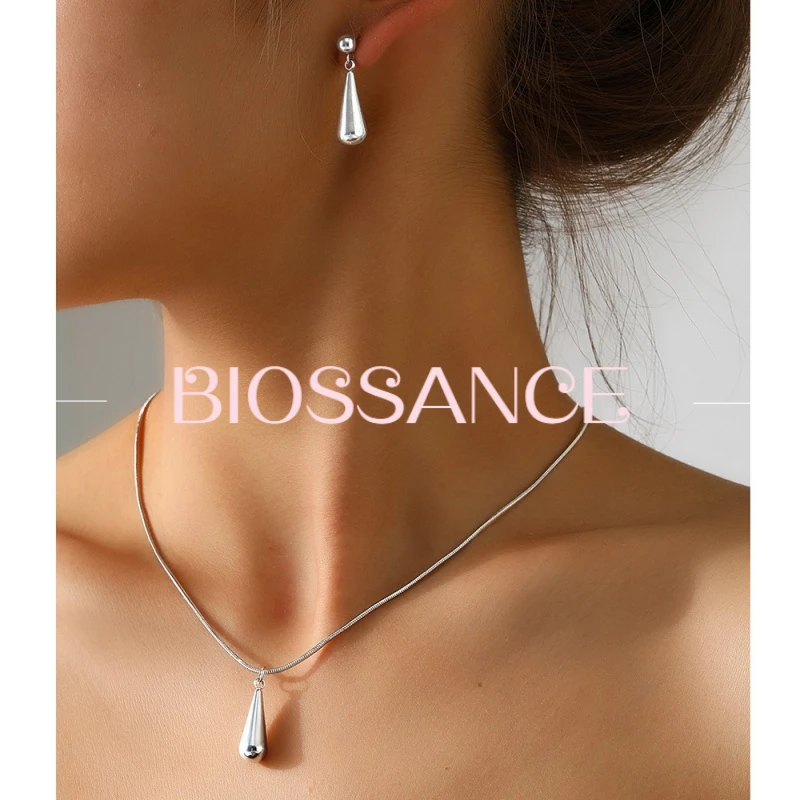 BIOSSANCE New Exquisite Stainless Steel Water Drop Clavicle Chain Earring Set For Temperament Sweet Ladies Jewelry Accessories