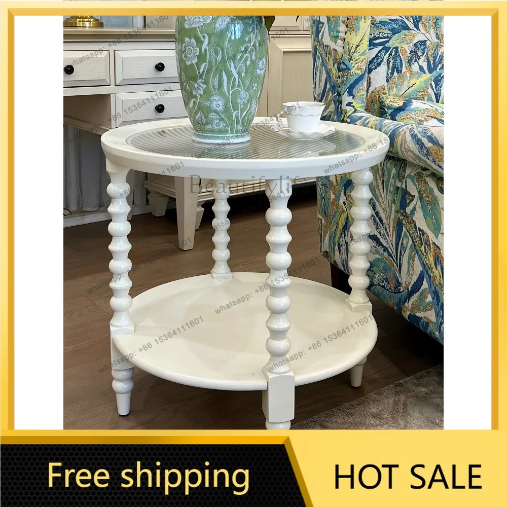 Hot French small round table retro full solid wood edge few American pure wood gourd foot coffee table