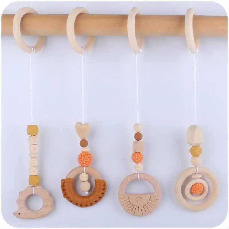 Q22D 4 PCs Baby Fitnessrahmen Anhänger Fitness Rack Kinderwagen Krippe Rasseln Holzringperlen Teether Hanging Mobile Bett
