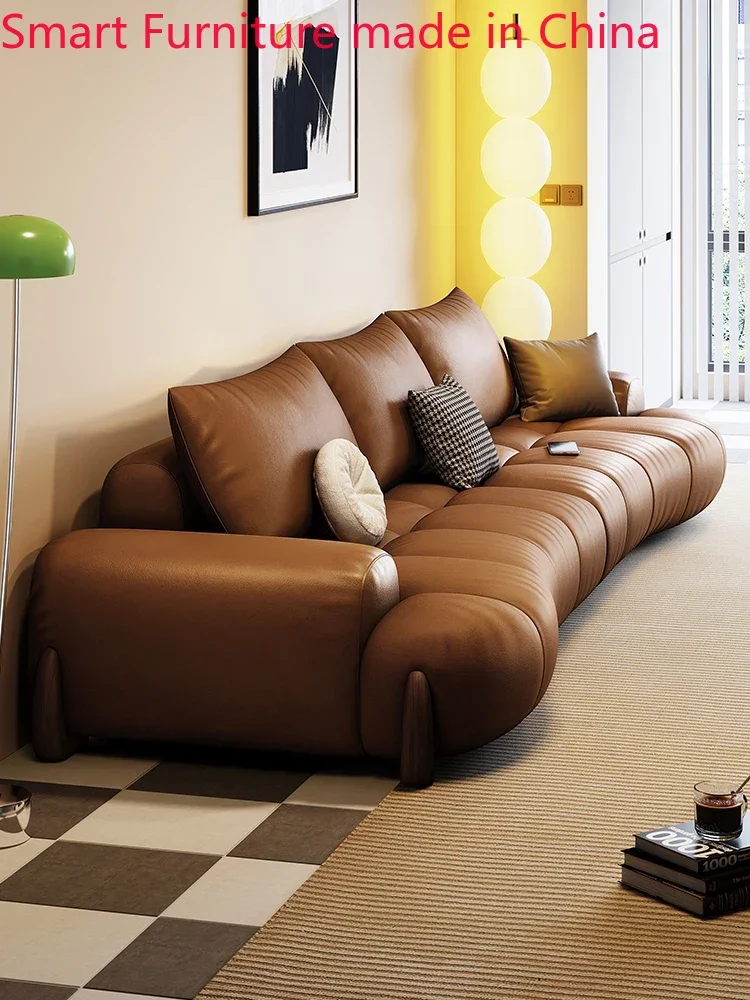 Leather sofa new living room network celebrity Pofu Italian minimalist designer small household arc sofa in straight row