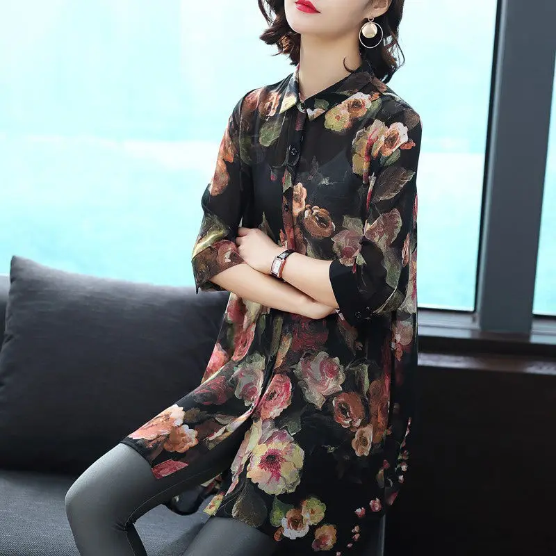 Thin Printing Elegant Korean Floral Three Quarter Sleeve Button Blouses Fashion Casual Turn-down Collar Women's Clothing 2023