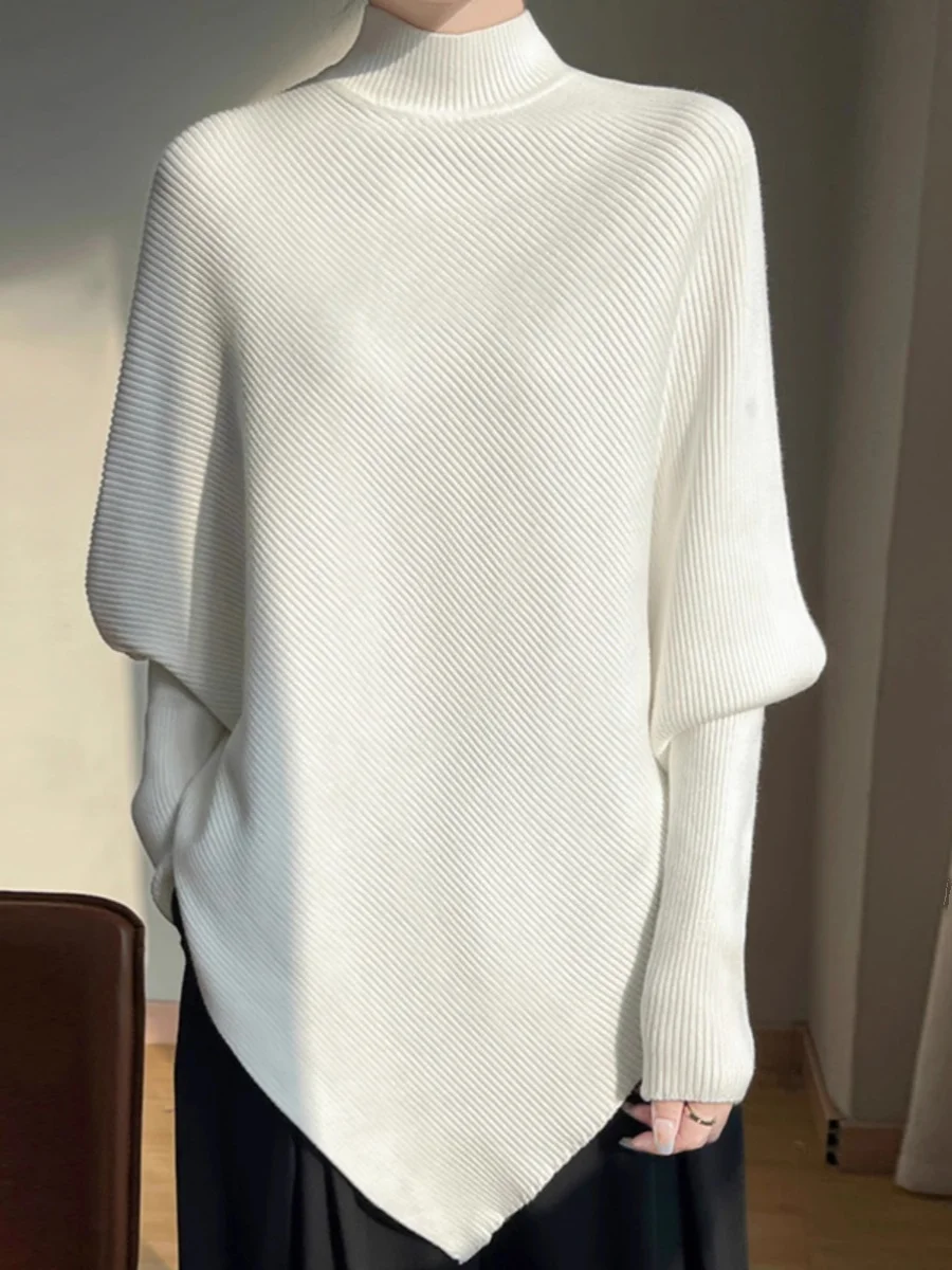 

Ethereal Asymmetrical Hem Batwing Sleeve round Neck Pullover - Cozy Polyester Knitted Top for Fall/Winter