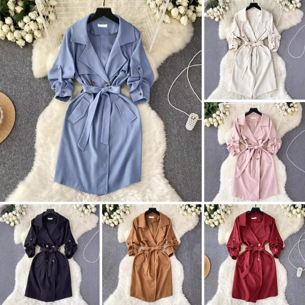 Winter Dress Elegant Lace-up Overcoat Dress for Women with Turn-down Collar Cufflink Detail Stylish Fall Spring Outfit for A