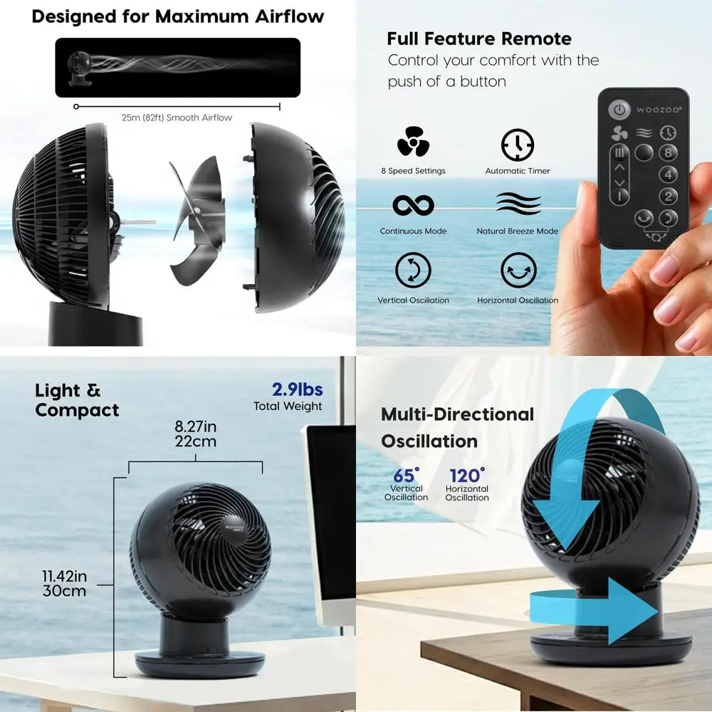 

Осциллирующий вентилятор-циркулятор воздуха с пультом дистанционного управления, 8 скоростей, радиус действия 82 фута, 120 ° Наклонный механизм, тихий двигатель, идеально подходит для небольших помещений