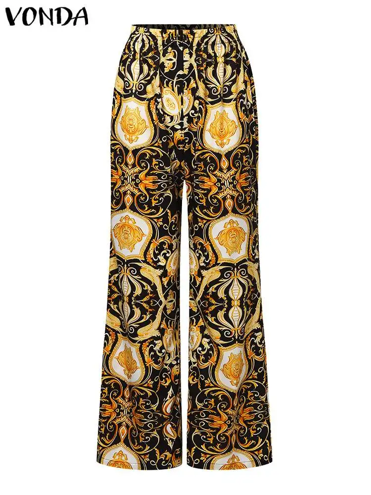 Oversized Sets VONDA Women Vintage Printed Pant Sets Casual Loose 2PCS Loose V-Neck Long Sleeve Tops and Trousers Bohemian Suits