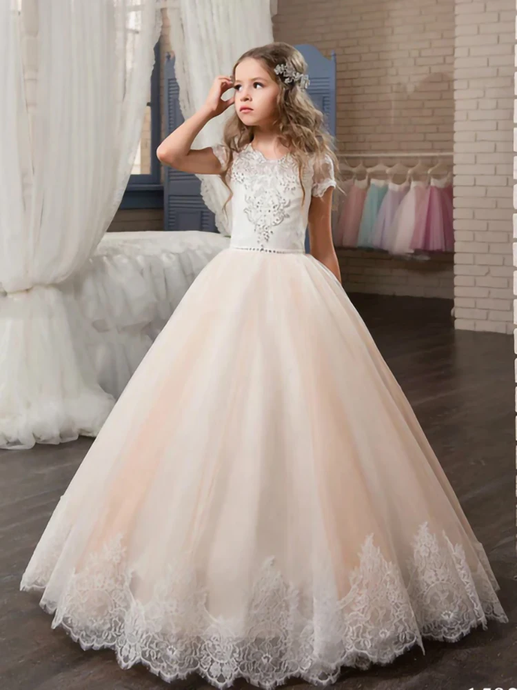 Champagne color Flower Girl dress Lace tulle appliques long skirt Can custom color kids formal occasion princess wedding gown