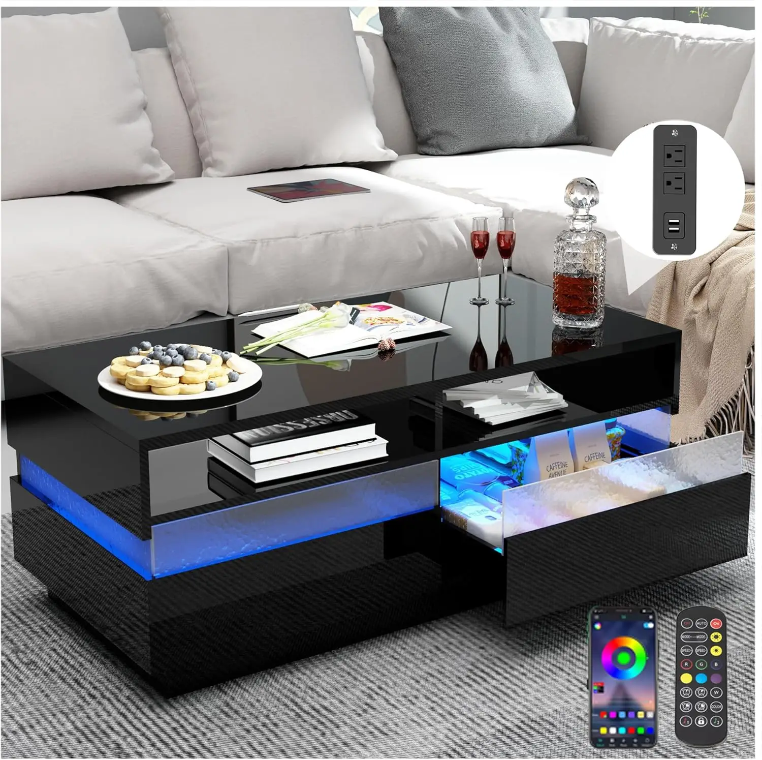 High Glossy LED Coffee Table w/Charging Station & 2 Storage Drawers,Open Display Shelf,Modern 2-Tier Black Coffee Table