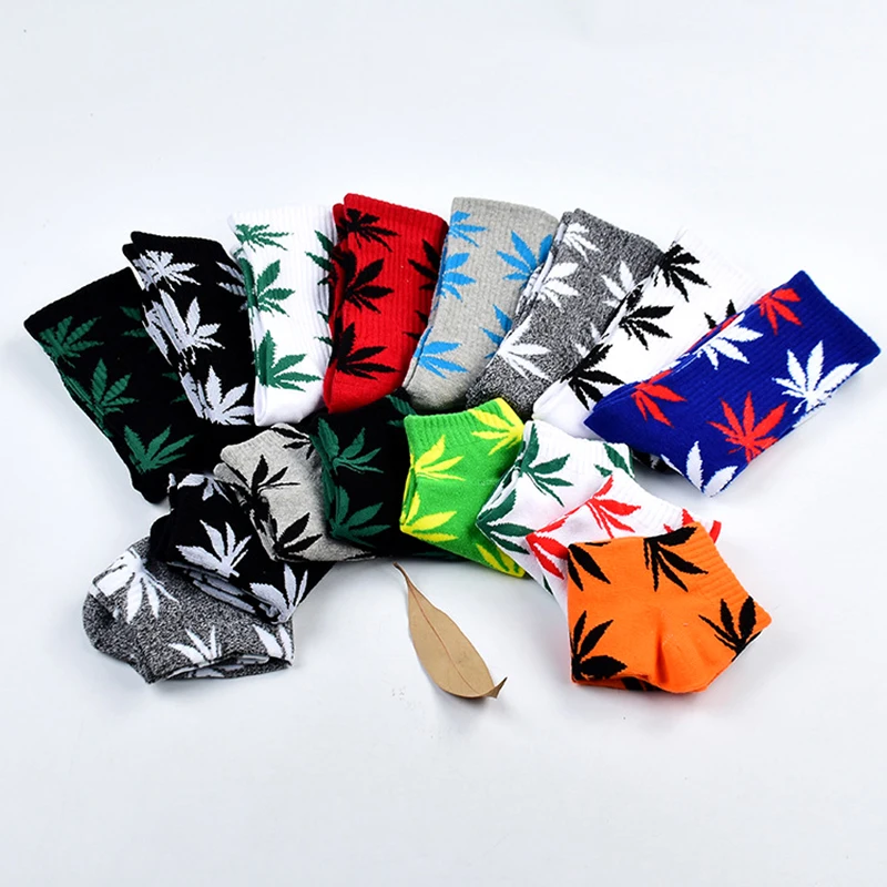 Cool Bamboo Summer Women Men\'s Funny Ankle Socks Hemp Meias Long Happy Maple Leaf sokken Cotton Weed Grass White Black Socken