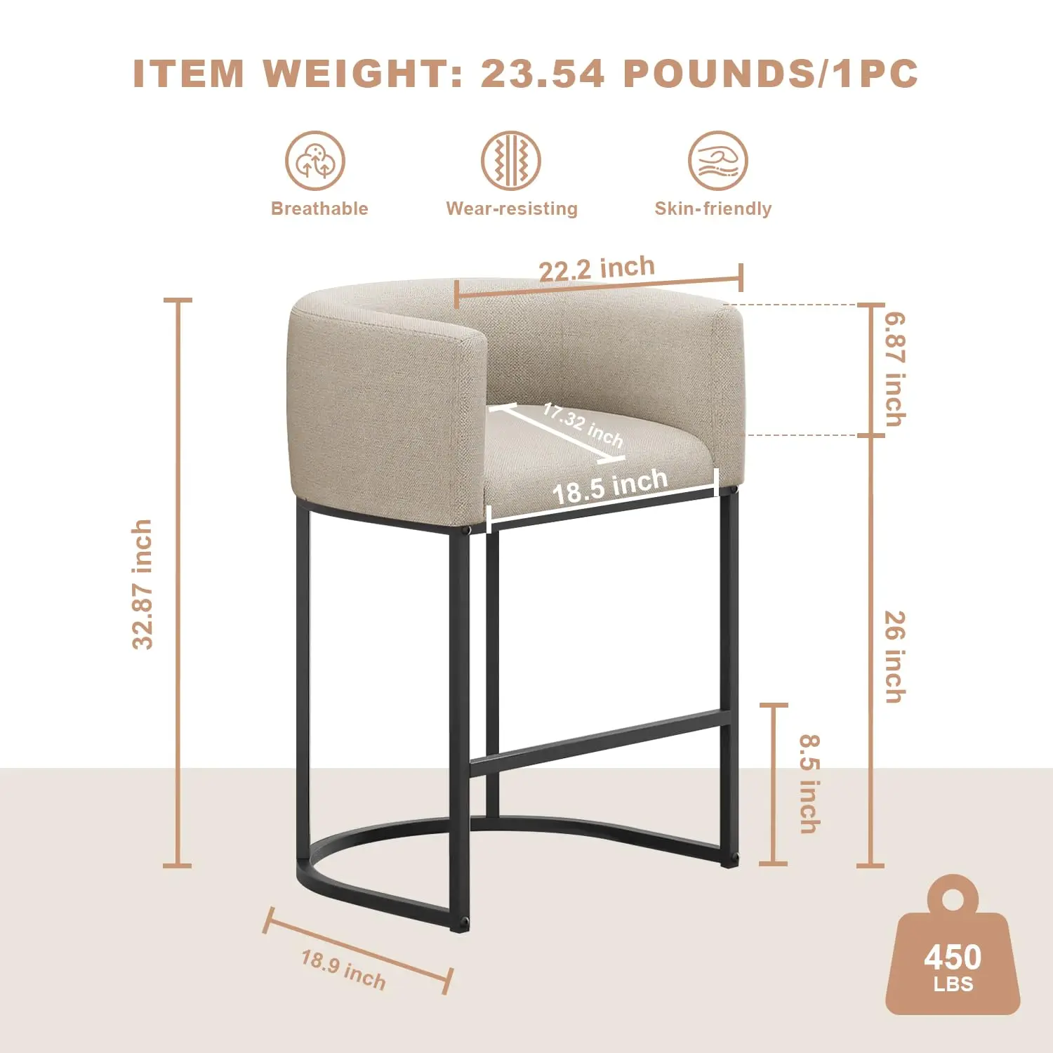 26" H Counter Height Bar Stools, Modern Barrel Counter Stools With Backrest And Arms, Linen Fabric Upholstered Accent Barstools
