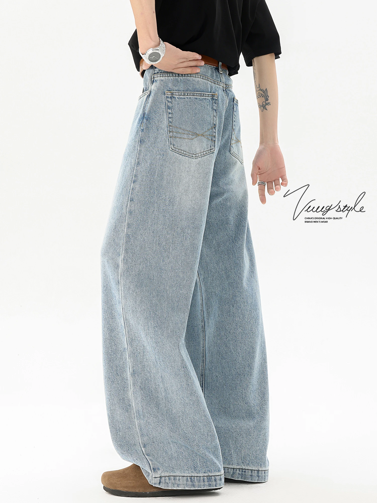

Cleanfit Men's Washed Knife Jeans Straight Loose Leggings Spring Autumn American Retro Wide Leg Long Pants Casual Style