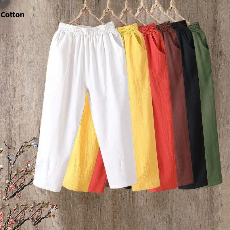 

Дышащие хлопковые льняные повседневные брюки женские летние тонкие новые свободные тонкие прямые шаровары с высокой талией корейские Sle