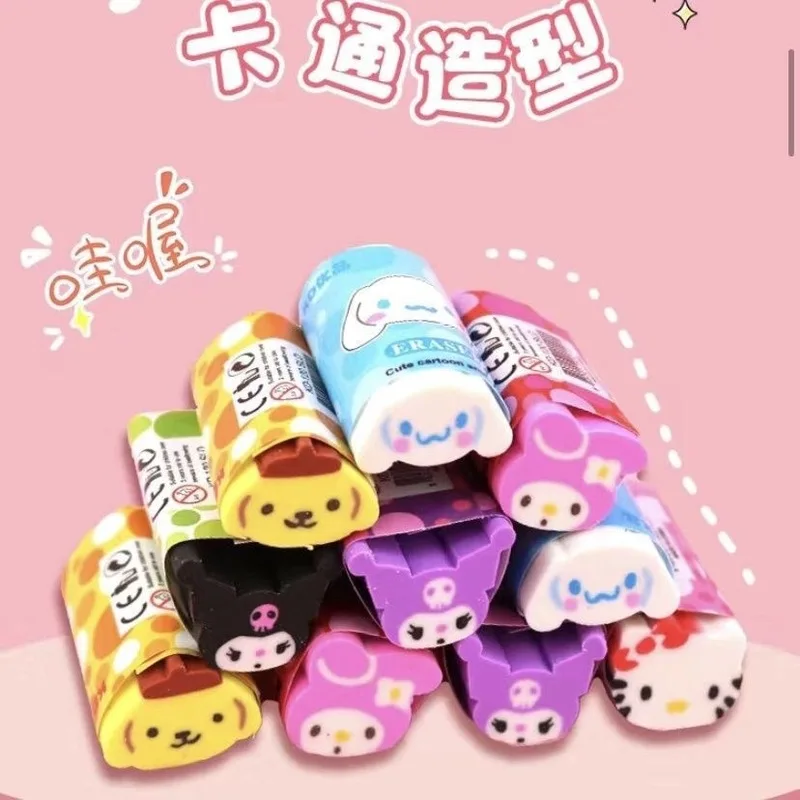 Sanrio Cartoon Eraser 12/24pcs Kawaii Kuromi Melody Hello Kitty Cinnamoroll Strip Eraser Stationery Rubber Primary Students Gift